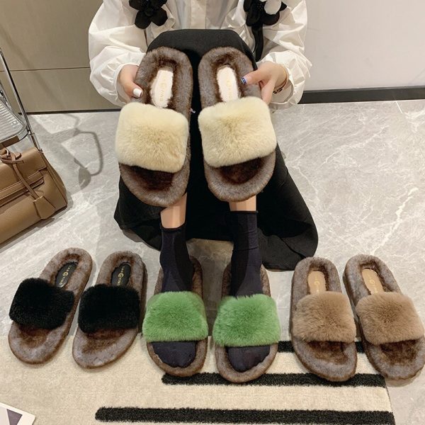 Sepatu Katun Rumah Bulu Kelinci Wanita Baru Satu Kata Sandal Tebal Mewah Antiselip Sandal Hangat Retro Fluffy Chaussures Femme - Image 2