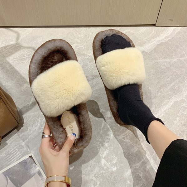 Sepatu Katun Rumah Bulu Kelinci Wanita Baru Satu Kata Sandal Tebal Mewah Antiselip Sandal Hangat Retro Fluffy Chaussures Femme - Image 3