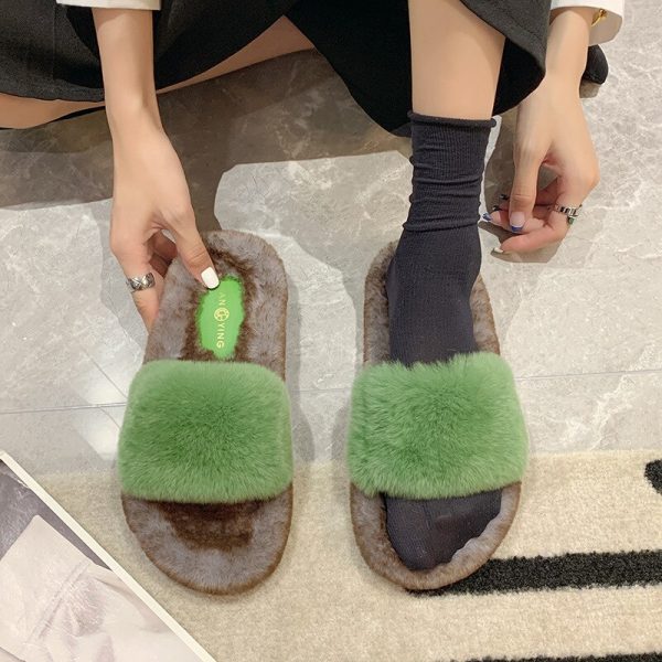 Sepatu Katun Rumah Bulu Kelinci Wanita Baru Satu Kata Sandal Tebal Mewah Antiselip Sandal Hangat Retro Fluffy Chaussures Femme - Image 5