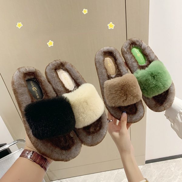 Sepatu Katun Rumah Bulu Kelinci Wanita Baru Satu Kata Sandal Tebal Mewah Antiselip Sandal Hangat Retro Fluffy Chaussures Femme