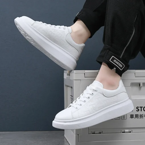 Casual Shoes Men 2024 New arrival Lace-up Thick Sole Casual Sneakers Versatile Leather Muffin Shoes Elevated Male Board Footwear - Image 2